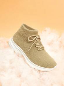 Knit Detail Lace Up Design Sneakers - Khaki - View 7