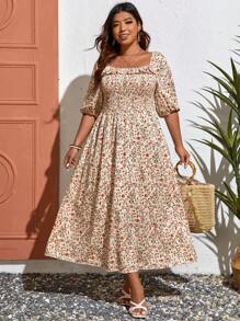 SHEIN VCAY Đầm Plus Size viền lá sen Dải chun Họa tiết hoa Boho - Màu be - Xem 1
