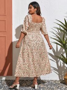 SHEIN VCAY Đầm Plus Size viền lá sen Dải chun Họa tiết hoa Boho - Màu be - Xem 2