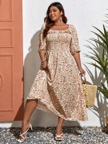 SHEIN VCAY Đầm Plus Size viền lá sen Dải chun Họa tiết hoa Boho - Màu be - Xem 3