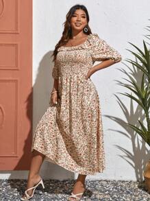 SHEIN VCAY Đầm Plus Size viền lá sen Dải chun Họa tiết hoa Boho - Màu be - Xem 4