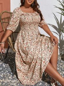 SHEIN VCAY Đầm Plus Size viền lá sen Dải chun Họa tiết hoa Boho - Màu be - Xem 5