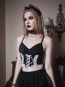 ROMWE Goth Áo khoác và áo lót dành cho xe tăng nữ Tương phản ren Ren lên Khối Màu Giải trí - màu đen - Xem 6