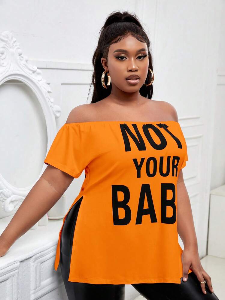 Slaydiva Plus Slogan Graphic Off Shoulder Split Hem Tee - Orange - View 5