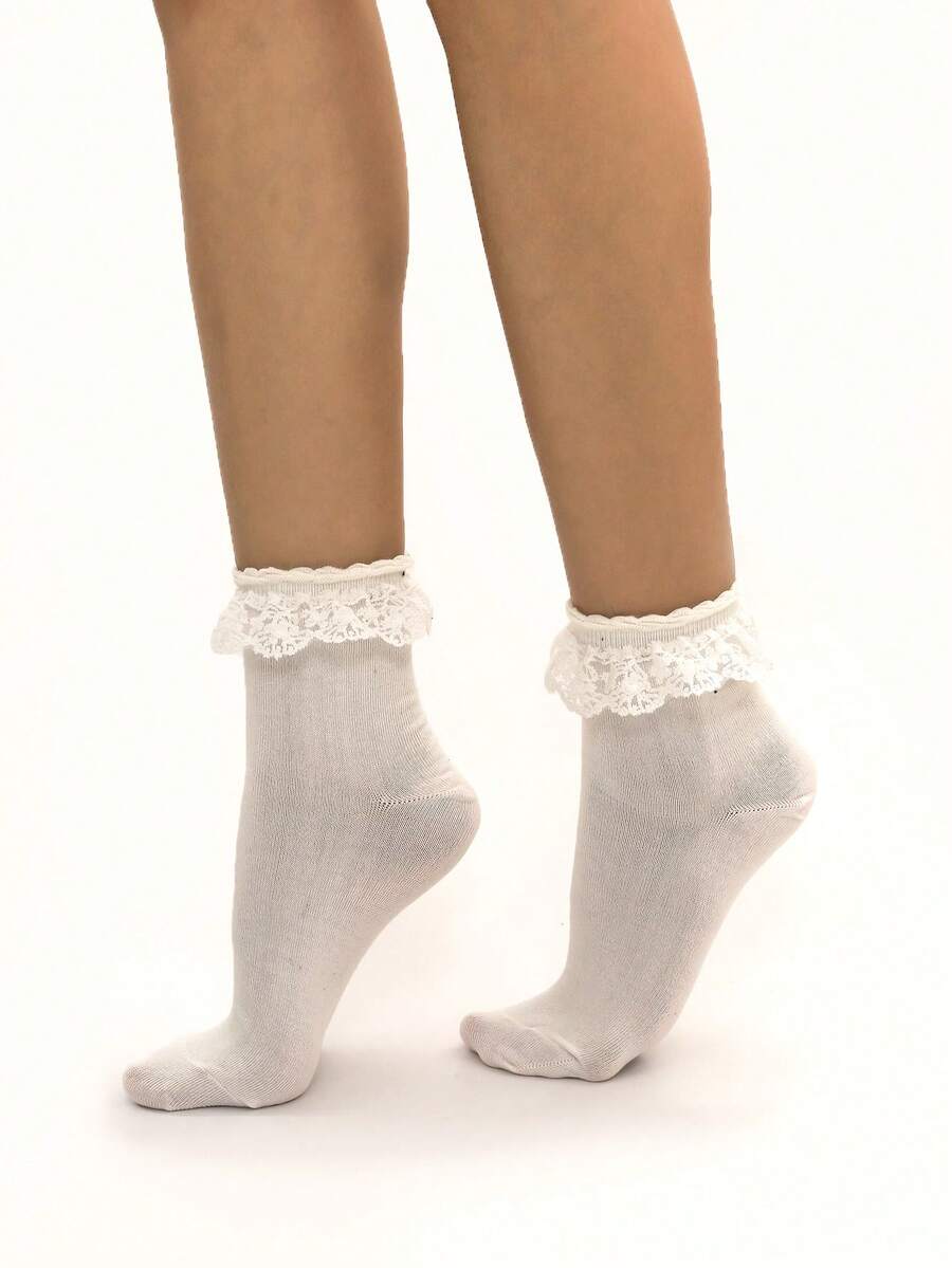 蕾絲邊中筒襪 - 白色 - 查看 1
