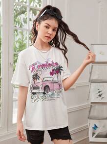 SHEIN Tops con gái Ô tô/xe hơi Lá thư Giải trí - trắng - Xem 4