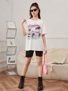 SHEIN Tops con gái Ô tô/xe hơi Lá thư Giải trí - trắng - Xem 5