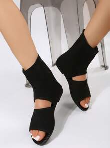 Fashion Black Boots For Women, Cut Out Design Fabric Sandals Boots - Black - View 2