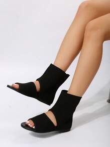 Fashion Black Boots For Women, Cut Out Design Fabric Sandals Boots - Black - View 3
