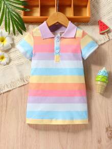 SHEIN 寶寶女孩拼色polo領t恤裙 - 彩色 - 查看 1