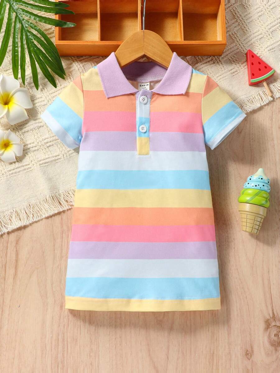 SHEIN 寶寶女孩拼色polo領t恤裙 - 彩色 - 查看 1