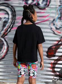 SHEIN Tween Girl Cartoon Graphic Drop Shoulder Tee & Biker Shorts