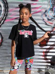 SHEIN Tween Girl Cartoon Graphic Drop Shoulder Tee & Biker Shorts