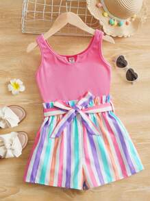 SHEIN Tween Girl Striped Print Notched Neckline Belted Tank Romper - Multicolor - View 1