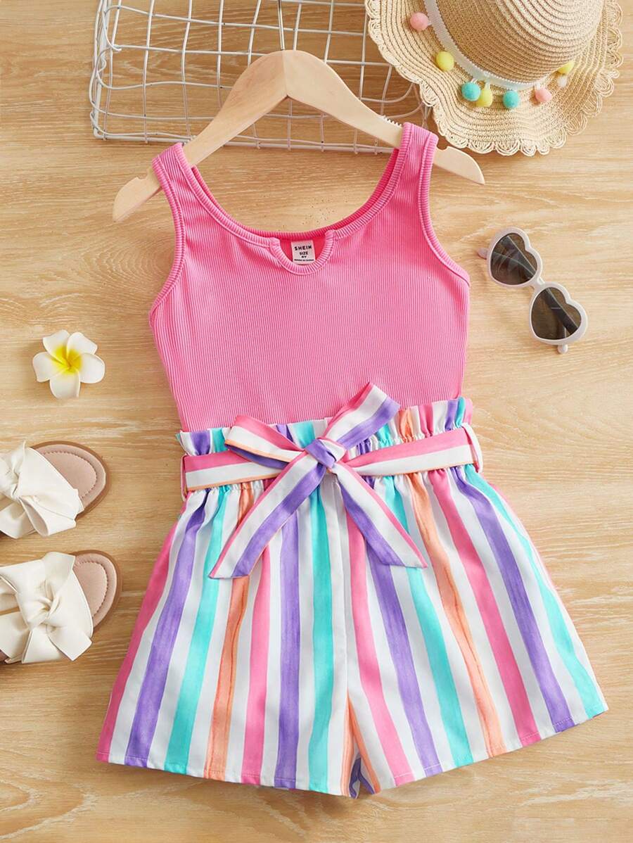SHEIN Tween Girl Striped Print Notched Neckline Belted Tank Romper - Multicolor - View 1