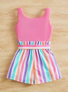 SHEIN Tween Girl Striped Print Notched Neckline Belted Tank Romper - Multicolor - View 2