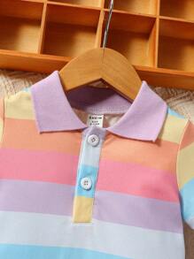 SHEIN 寶寶女孩拼色polo領t恤裙 - 彩色 - 查看 3