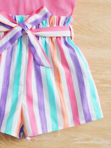 SHEIN Tween Girl Striped Print Notched Neckline Belted Tank Romper - Multicolor - View 3