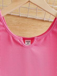 SHEIN Tween Girl Striped Print Notched Neckline Belted Tank Romper - Multicolor - View 4