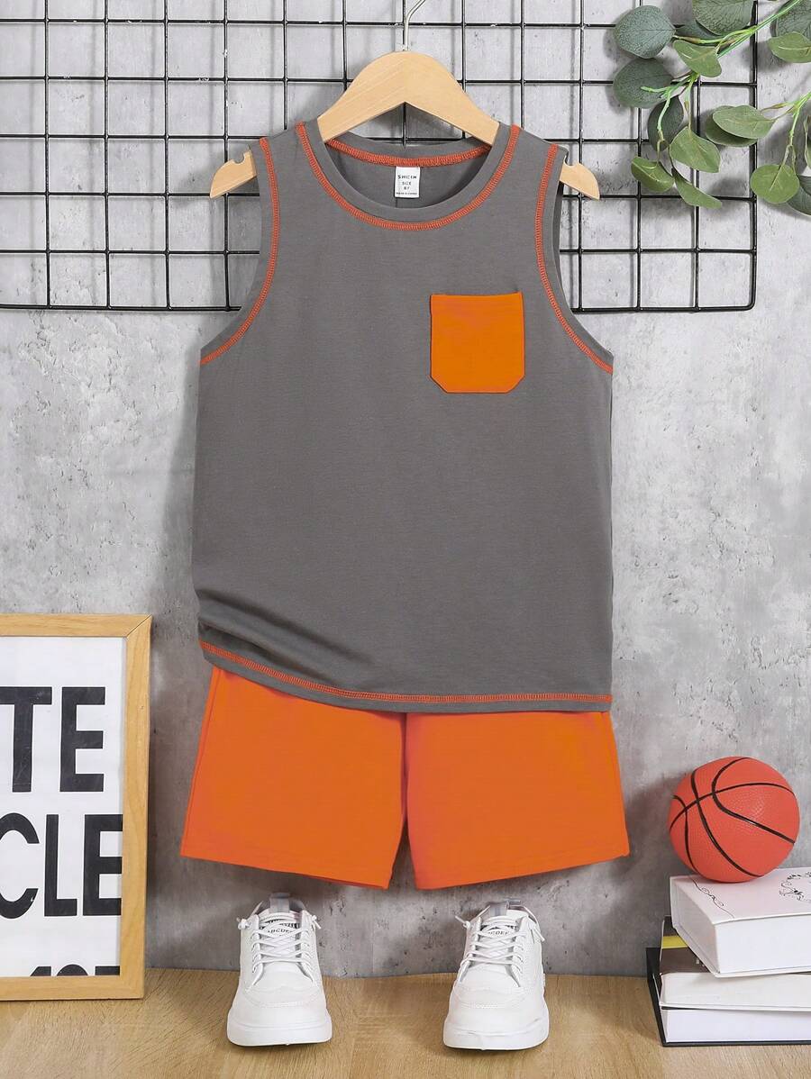 SHEIN Boys Contrast Piping Pocket Patched Tank Top & Shorts - Multicolor - View 1