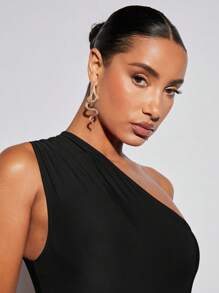 SHEIN BAE One Shoulder Solid Bodysuit - Black - View 4