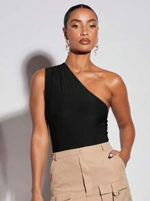 SHEIN BAE One Shoulder Solid Bodysuit - Black - View 6