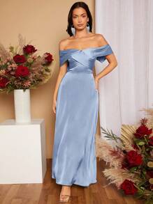 SHEIN Belle 一字肩緞面伴娘洋裝