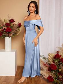 SHEIN Belle 一字肩緞面伴娘洋裝