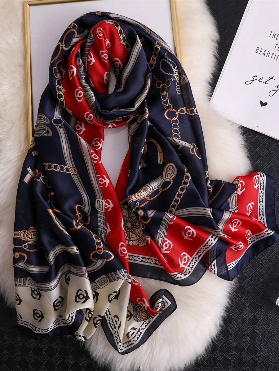 1 件链式印花围巾女士时尚丝质围巾适合休闲周末佩戴头巾、发带、头带非常适合装扮您的冬季秋季 - 藏蓝色 - 查看 1