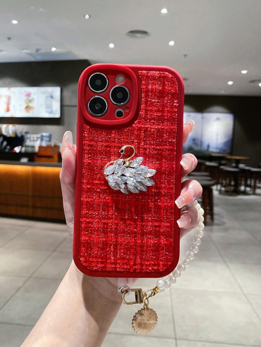 編織的3d天鵝與珍珠細節手機殼,附手環,適用於iphone - 紅色 - 查看 1