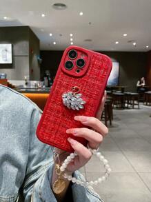 編織的3d天鵝與珍珠細節手機殼,附手環,適用於iphone - 紅色 - 查看 2