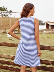 EMERY ROSE Striped Print Dual Pocket Tank Dress - Blue and White - View 2
