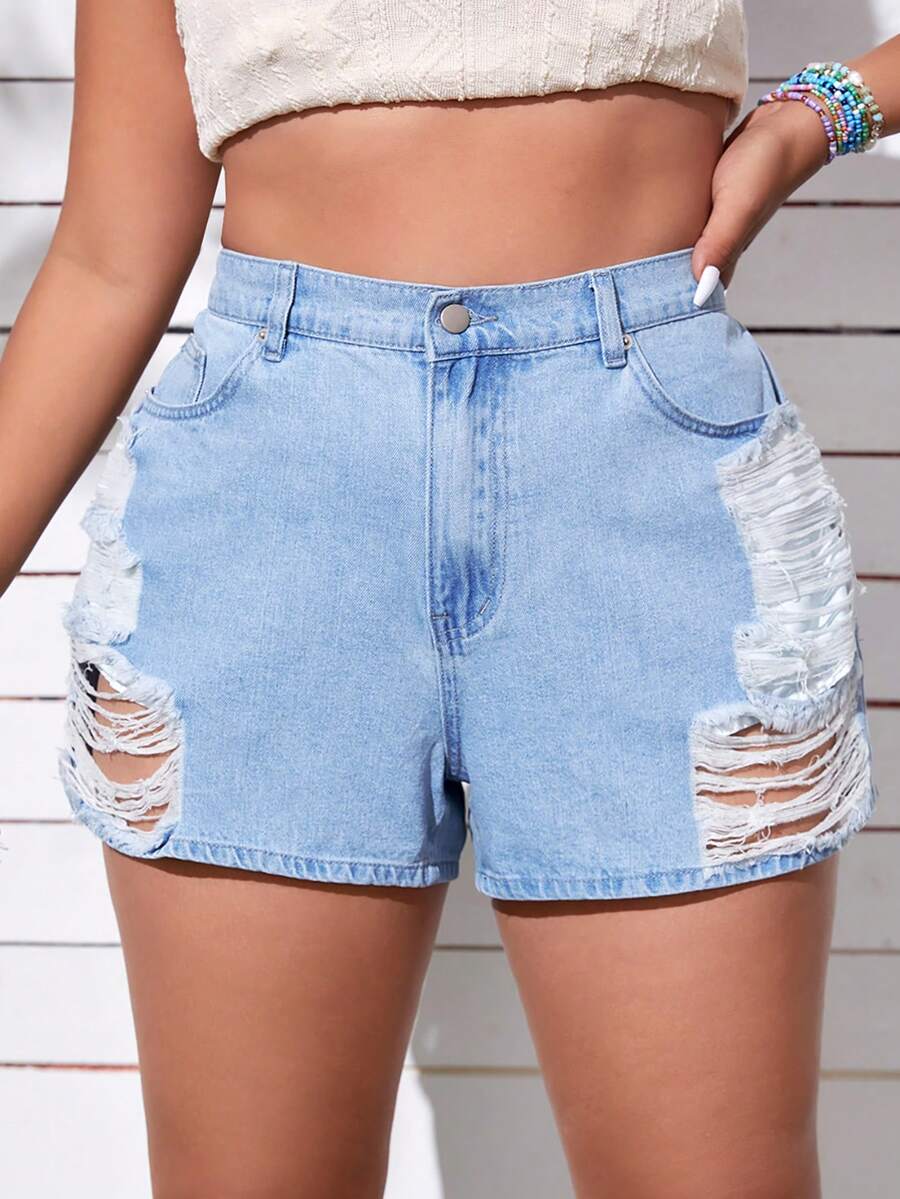 SHEIN EZwear Shorts en mezclilla desgarro crudo - Lavado ligero - Ver 1