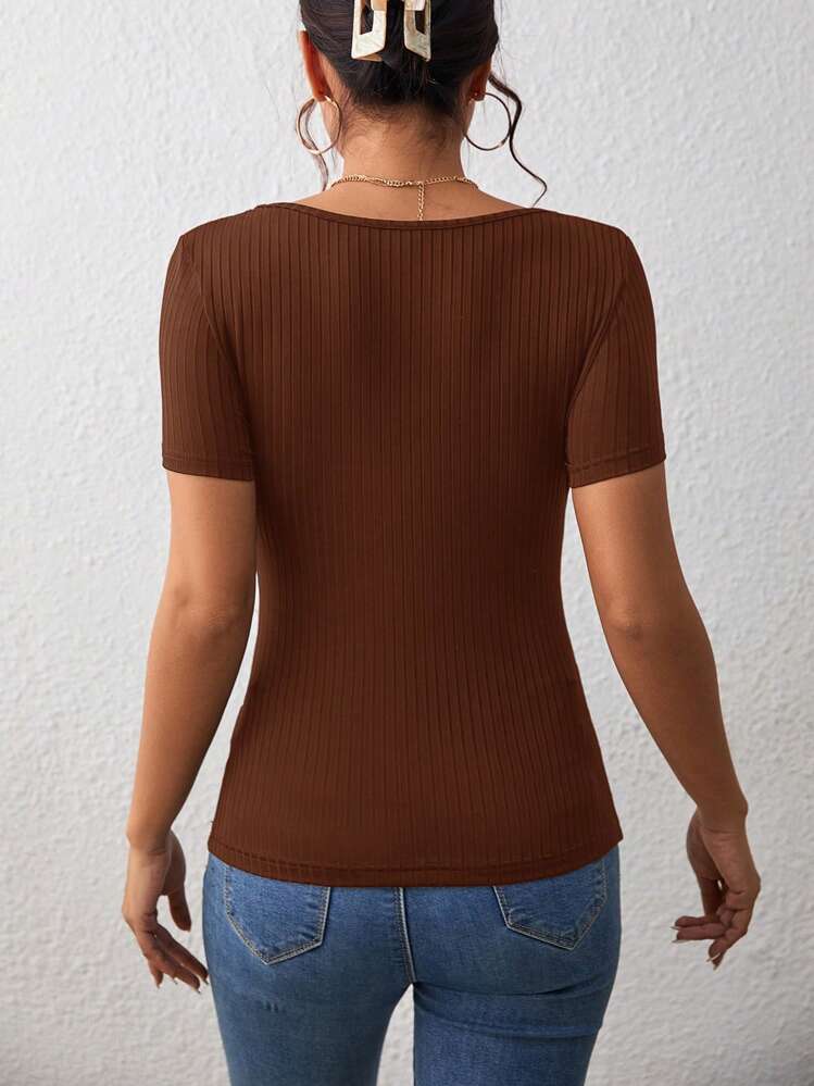 SHEIN Frenchy Casual Eenkleurig T-shirt Geplisseerde - Chocolade bruin - Bekijken 2