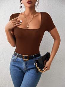 SHEIN Frenchy Áo thun nữ Gân đan màu trơn Giải trí - Màu nâu Sô-cô-la - Xem 3