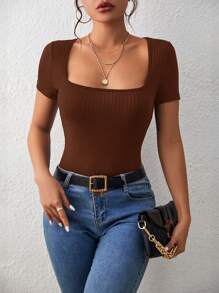 SHEIN Frenchy Áo thun nữ Gân đan màu trơn Giải trí - Màu nâu Sô-cô-la - Xem 7