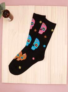 1pair Women Skull Pattern Fashionable Crew Socks For Daily Decoration - Multicolor - View 3