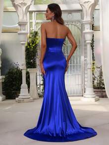 褶邊高衩緞面抹胸正式連衣裙 - 寶藍色 - 查看 2