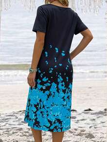 Floral Print Slant Pocket Tee Dress - Blue - View 2