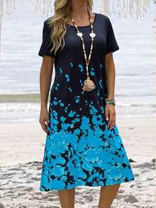 Floral Print Slant Pocket Tee Dress - Blue - View 3