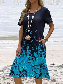 Floral Print Slant Pocket Tee Dress - Blue - View 4