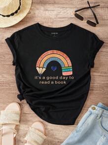 SHEIN LUNE Cartoon And Slogan Graphic Tee - Black - View 1