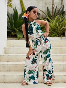 SHEIN Bộ đồ liền thân hở lưng in họa tiết nhiệt đới cho bé gái tuổi mới lớn - Nhiều màu - Xem 3