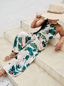 SHEIN Bộ đồ liền thân hở lưng in họa tiết nhiệt đới cho bé gái tuổi mới lớn - Nhiều màu - Xem 5