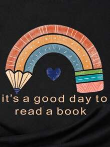 SHEIN LUNE Cartoon And Slogan Graphic Tee - Black - View 4