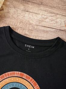 SHEIN LUNE Cartoon And Slogan Graphic Tee - Black - View 5