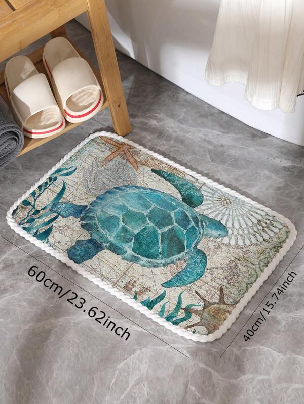 Sea Turtle Print Bath Rug, Modern Polyester Bath Mat For Bathroom
