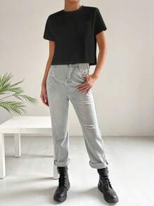 SHEIN EZwear T-Shirt mit Tasche Flicken,