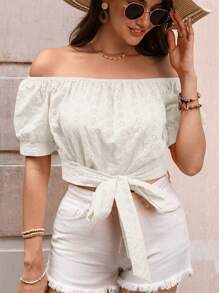 SHEIN VCAY Off Shoulder Knot Hem Schiffy Top - White - View 1