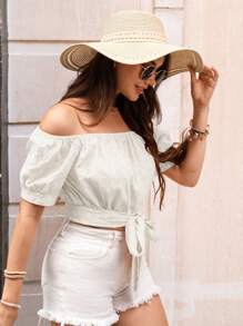 SHEIN VCAY Off Shoulder Knot Hem Schiffy Top - White - View 3